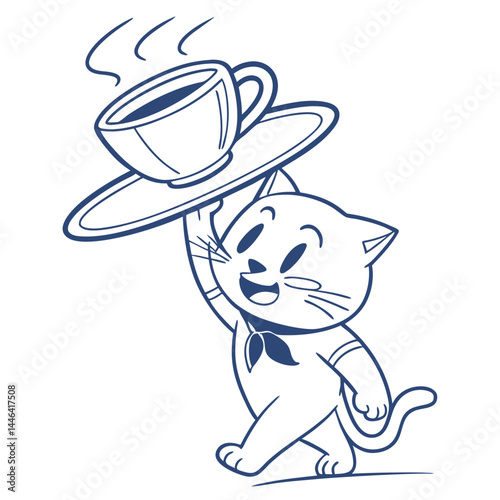 Line Art Cat Walking and Holding a Coffee Cup on a Tray Isolated on White