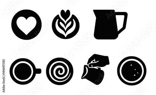 Coffee culture solid icons set – flat style cafe, latte art, and barista symbols for coffee enthusiasts: heart, latte art, coffee pot, espresso swirl, milk frothing, coffee cup.