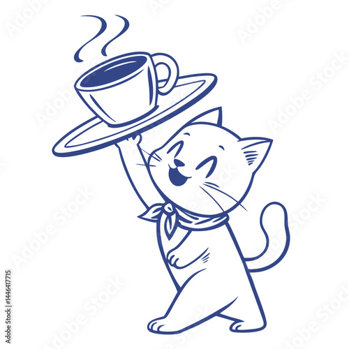 Cat Holding Coffee Cup on Tray Line Art, Feline Waiter with Hot Drink, Minimalist Design
