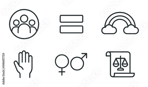 Equality and diversity icon set – line style inclusive, community, and justice symbols for social change: unity, equal sign, rainbow, hand, gender symbols, justice scroll.