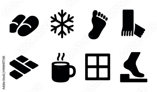 Cozy winter icons set – solid style home comfort, seasonal, and lifestyle symbols for winter warmth: slippers, snowflake, foot, scarf, socks, hot drink, window, heater.