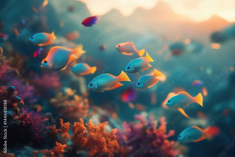 Fototapeta premium Vibrant coral reef teeming with colorful fish at sunset.