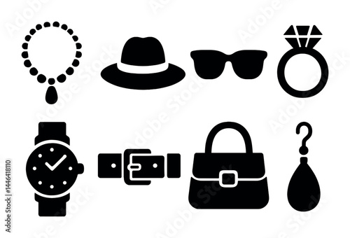Fashion accessories silhouette icons set – solid style chic, trendy, and glamour symbols for style enthusiasts: necklace, hat, sunglasses, ring, watch, belt, purse, earring.