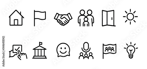 Community and communication line icons set – outline style networking, interaction, and connection symbols: house, flag, handshake, family, door, sun, checkmark, microphone.