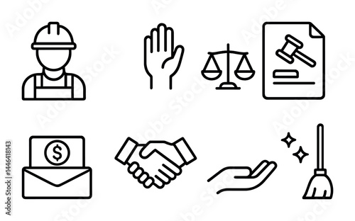 Law and justice icon set – outline style legal symbols for fairness and advocacy: judge, gavel, scales, documentation, handshake, contract, courthouse, lawyer.