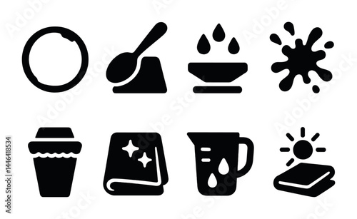 Coffee and beverage solid icons set – filled style cafe, drink, and barista symbols: mug, spoon, bowl, splash, cup, towel, pitcher, book.