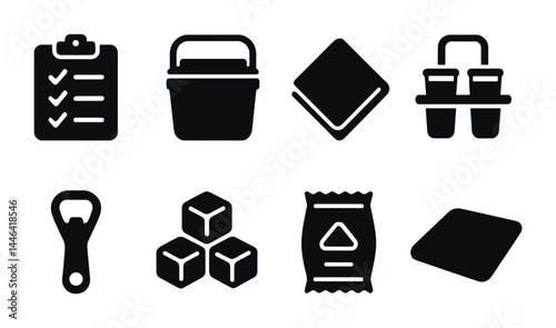 Picnic and outdoor dining solid icons set – silhouette style leisure, snacks, and beverage symbols for picnic preparation: checklist, cooler, napkin, drink holder, bottle opener, ice cubes, snack bag