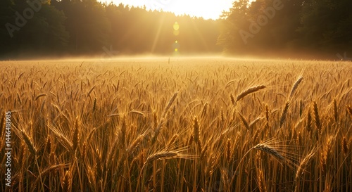Golden Wheat Field at Sunrise with Gentle Mist
