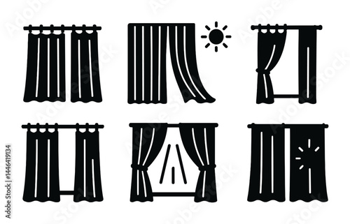 Home decor curtain icons set – solid style interior design and window decoration symbols for living spaces: drapes, blinds, sunlight, rods, patterns, drapery, privacy.
