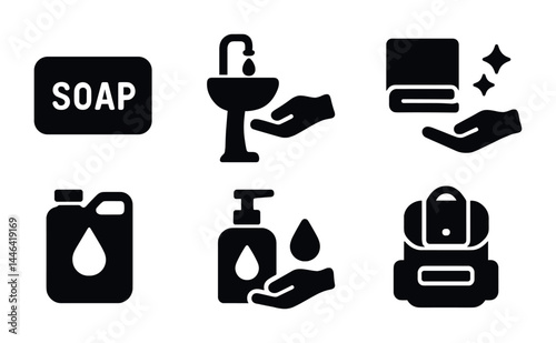 Hygiene and sanitation solid icons set – filled style cleanliness, health, and safety symbols for public awareness: soap, faucet, towel, sanitizer, jug, backpack.