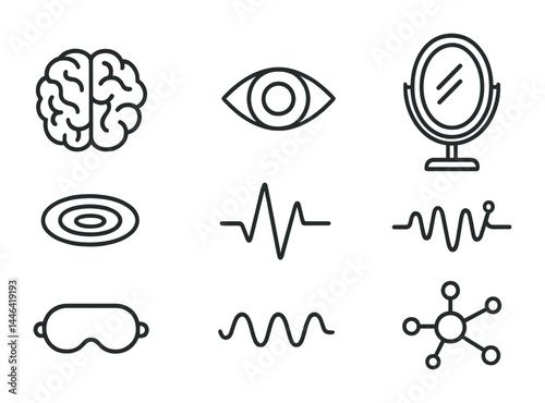 Mind and wellness line icons – outline style mental health and relaxation symbols: brain, eye, mirror, meditation, heartbeat, sound wave, sleep mask, network.