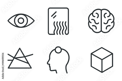 Creative innovation line icon set – outline style for design, technology, and imagination concepts: eye, document, brain, innovation, head, cube