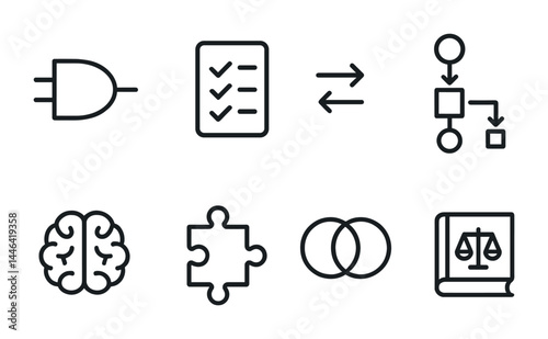 Business and strategy linear icons set – outline style corporate planning, analysis, and innovation symbols: checklist, flowchart, brain, puzzle, venn diagram, law book.