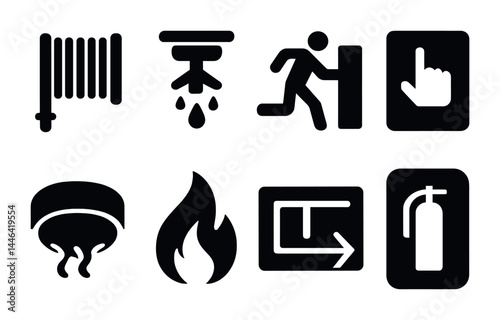 Emergency and safety solid icons set – filled style symbols for hazard awareness, workplace safety, and emergency planning: fire extinguisher, exit sign, alarm, sprinkler, emergency door, smoke
