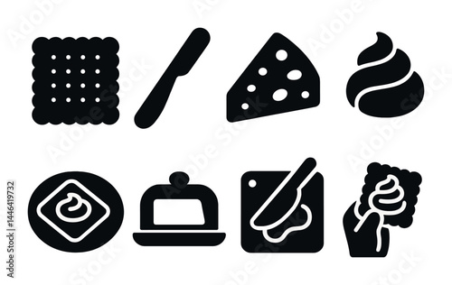 Breakfast and snack solid icons set – flat style food, ingredients, and cooking symbols for culinary projects: cracker, knife, cheese, spread, cookie, plate, cutting board.