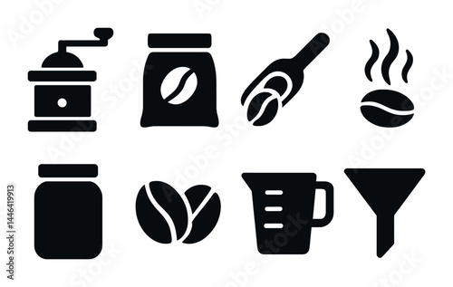 Coffee essentials silhouette icons – solid style brew, grind, and drink symbols for café branding: grinder, coffee bag, scoop, cup, beans, jar, coffee maker, funnel.