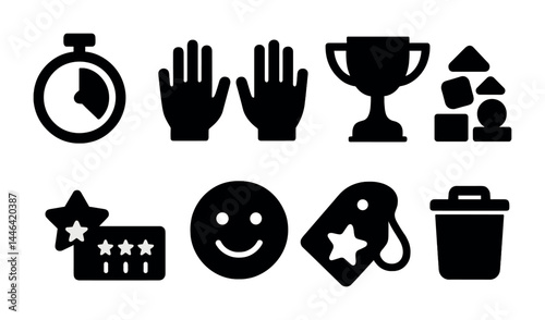 Rewards and success solid icons set – silhouette style achievement, motivation, and rating symbols for incentive programs: stopwatch, trophy, hands, badge, stars, smiley, tag, bin.