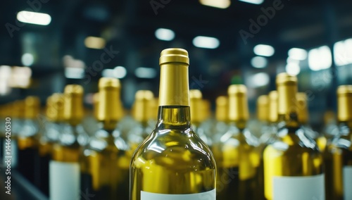 A group of white wine bottles with the same gold-colored caps, in an unlit warehouse filled with other bottles in different colors and shapes Generative AI