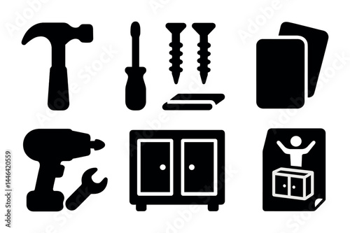 Home improvement solid icon set – silhouette diy, construction, and tools symbols for project planning: hammer, screwdriver, screws, drill, cabinet, instruction manual.