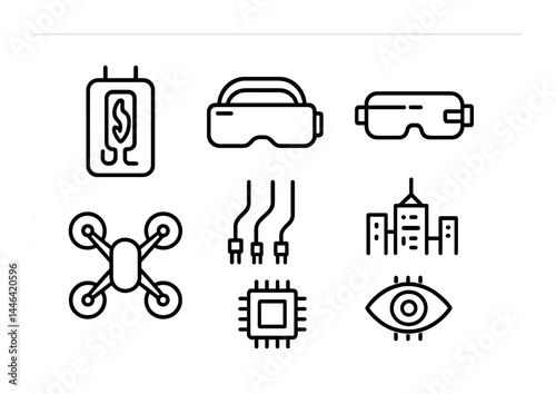 Futuristic technology icon set – outline style for vr, ai, and smart devices: vr headset, smart glasses, microchip, drone, cityscape, neural network, electronic circuit