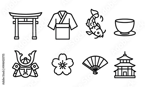 Japanese culture outline icon set – flat style traditional symbols for design and inspiration: torii gate, kimono, koi fish, tea cup, samurai helmet, sakura, fan, pagoda