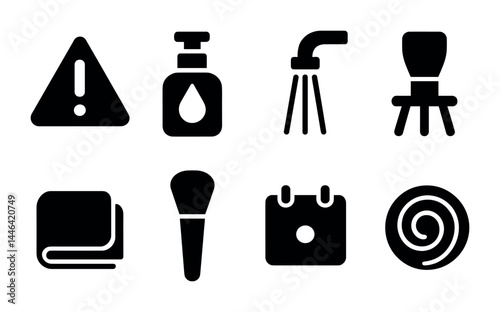 Beauty and household solid icons collection – filled style alert, hygiene, and furniture symbols for personal care and home decor: warning, soap, shower, chair, towel, brush, calendar, spiral.