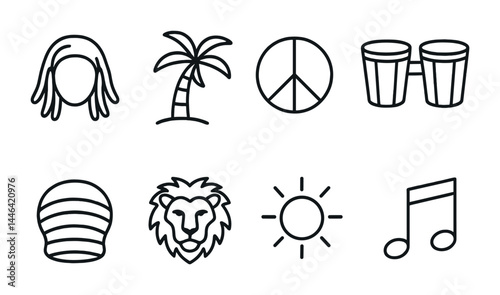 Reggae culture outline icon set – linear style music, caribbean, and vibes symbols: dreadlocks, palm tree, peace sign, bongos, rastacap, lion, sun, music note.