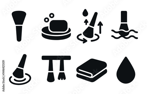 Beauty and hygiene icon set – solid style cosmetics, skincare, and grooming symbols for personal care: makeup brush, soap, towel, water droplet, cleansing foam, applicator.