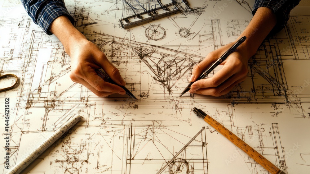Hands meticulously crafting intricate architectural blueprints using pencils and drafting tools Hands meticulously crafting intricate architectural blueprints using pencils and drafting tools