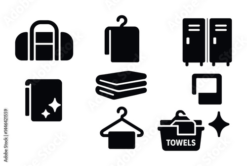 Gym and fitness solid icon set – silhouette style exercise, locker room, and towel symbols for health enthusiasts: gym bag, locker, towel, hanger, sparkle, basket.