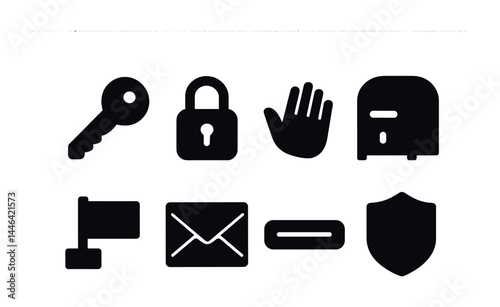 Security and protection silhouette icons set – essential safety, privacy, and access symbols: key, lock, hand, mailbox, flag, envelope, minus, shield.