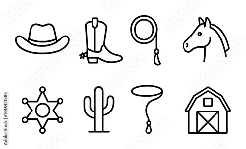 Western outline icon set – linear cowboy, ranch, and rodeo symbols for rustic design: cowboy hat, boots, lasso, horse, sheriff badge, cactus, barn