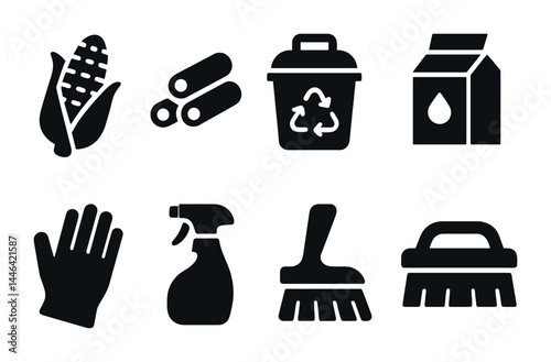 Eco-friendly solid icons set – sustainable living, green practices, recycling symbols for environmental awareness: corn, bamboo, recycling bin, carton, gloves, spray bottle, mop, scrub brush.
