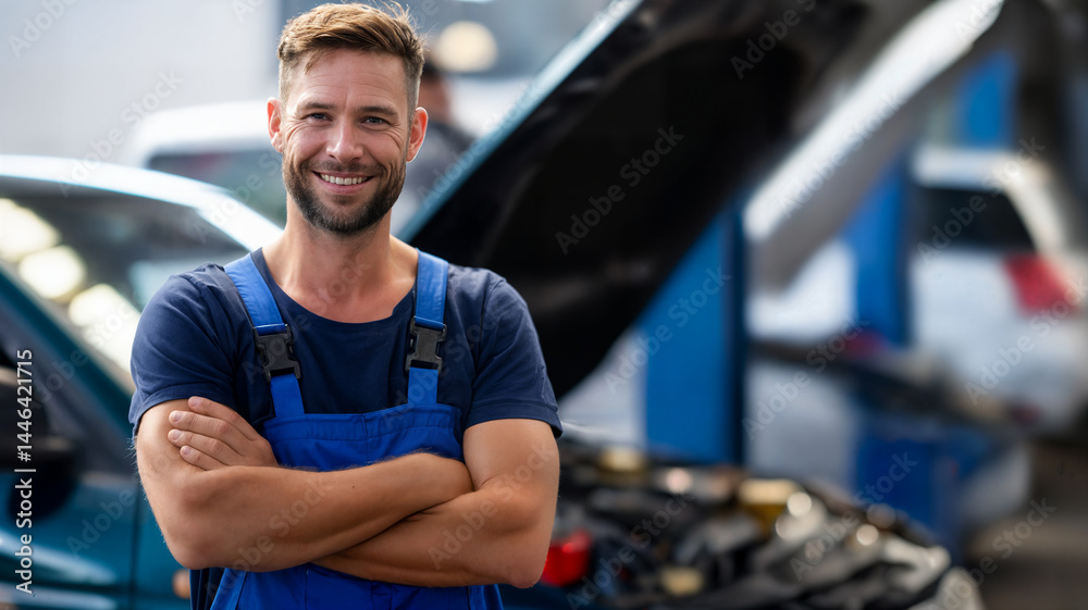 Smiling mechanic in blue overalls standing confidently in a car repair shop, showcasing expertise in automotive maintenance as the engine is open for inspection Smiling mechanic in blue overalls standing confidently in a car repair shop, showcasing expertise in automotive maintenance as the engine is open for inspection