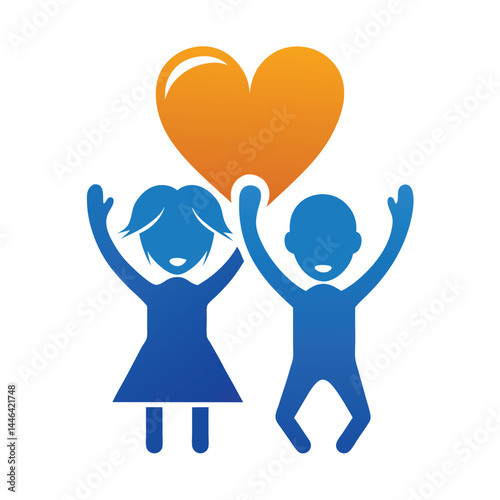 Blue Figures Holding Orange Heart, Hands Up, Joyful Kids Silhouette, Cheerful Children