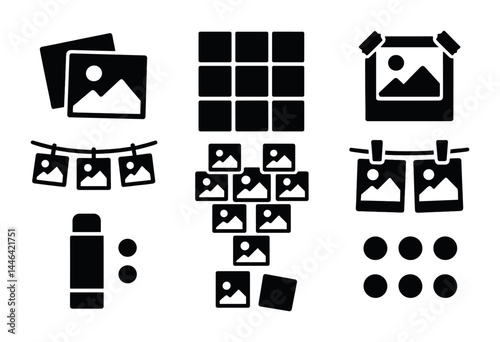 Photography silhouette icon set – solid style camera, album, and editing symbols for creative projects: camera, photo album, photo grid, film roll, picture frame.