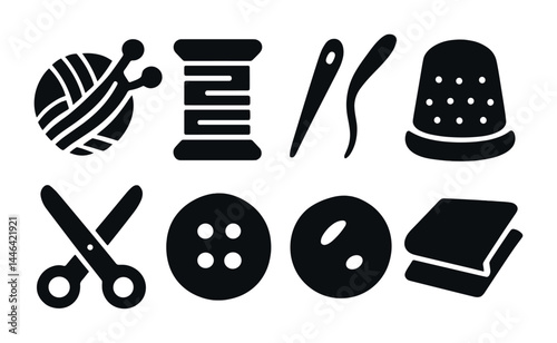 Crafting and sewing icons set – solid style for diy, knitting, and tailoring projects: yarn, thread spool, needle, thimble, scissors, button, fabric