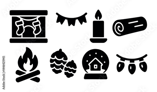 Winter holiday solid icons set – filled style for christmas, festive decor, and seasonal celebrations: fireplace, garland, candle, yule log, campfire, pinecones, snow globe, lights.