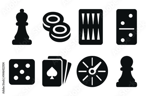 Board and table games solid icons set – silhouette style for gaming, leisure, and strategy symbols: chess king, checkers, backgammon, domino, dice, cards, roulette, pawn.