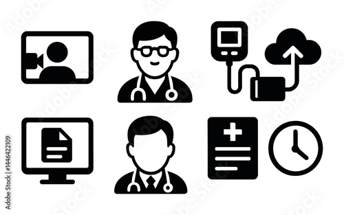 Healthcare and medical solid icons set – silhouette style for telehealth and doctor consultation: video call, doctor, blood pressure, cloud upload, medical report, clock