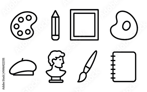 Art tools and supplies outline icons set – linear style for creative design, drawing, and painting: palette, pencil, frame, canvas, artist hat, bust, brush, notebook.