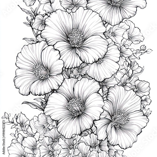Wallpaper Mural Vertical floral design with detailed line art of various flowers and leaves, creating a pattern of blooming blossoms in a grayscale palette Torontodigital.ca