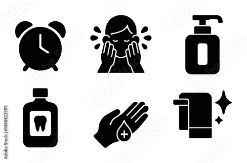 Personal hygiene icons set – solid style cleanliness, health, and routine symbols: alarm clock, face washing, soap dispenser, mouthwash, hand sanitizer, faucet