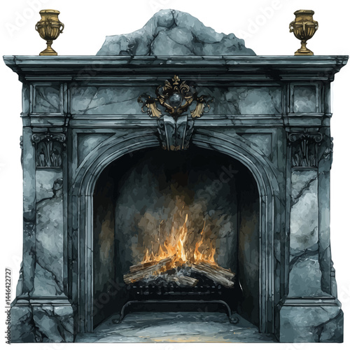 Victorian-style Fireplace With Brass Ornaments, vector watercolor illustration, isolated on a white background.