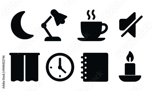 Home and office solid icons set – filled style simple comfort and productivity symbols for everyday life: lamp, coffee cup, mute, curtain, clock, notebook, candle.