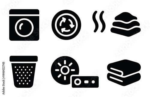 Laundry and garment care icon set - solid style washing, drying, and ironing symbols for home chores: washer, dryer, steam, detergent, fabric softener, timer, towels.