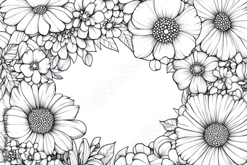 Wallpaper Mural Black and white floral frame with various flowers. Detailed line art of different blooms, including daisies, roses, and peonies, creating a border around a blank center Torontodigital.ca