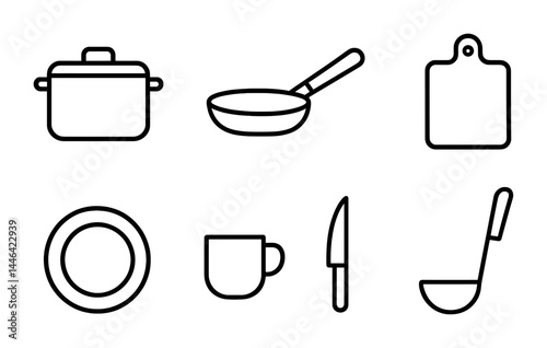 Kitchen essentials outline icon set – flat cooking and dining symbols for culinary design: pot, pan, cutting board, plate, mug, knife, ladle
