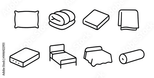 Home comfort icon set – outline style for interior decor, bedding, and furniture design: pillow, blanket, mattress, bed, bedsheet, throw, bedding, bolster.