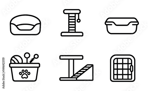 Pet supplies icons collection – outline style for animal care, shelter, and accessories: pet bed, scratching post, litter box, toy basket, ramp, carrier.